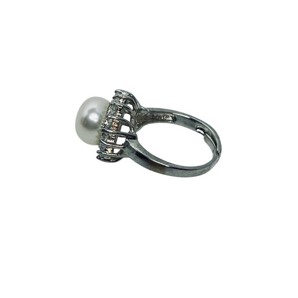 Silver Tone Faux Pearl & Clear Rhinestone Adjustable Statement Ring (R449) - Picture 9 of 9